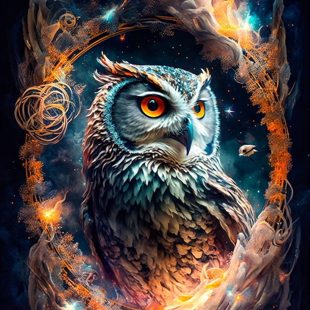 A painting of a owl with the word owl on it