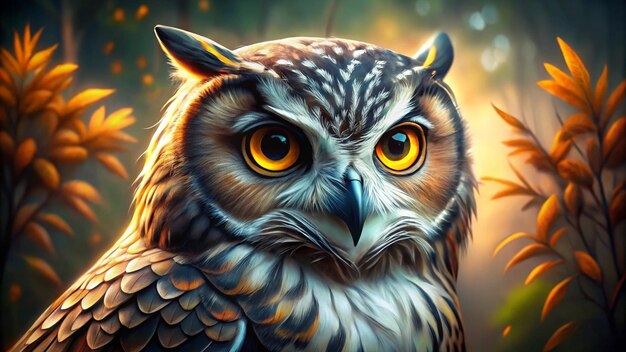 Photo a painting of an owl with yellow eyes