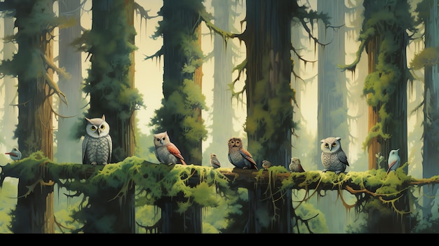 painting of owls perched on the branches of ancient redwood trees in a primeval forest