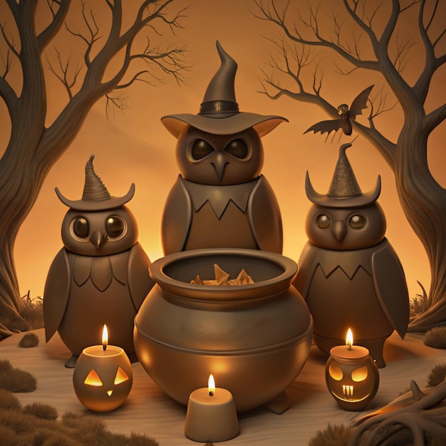 a painting of owls and a pot with a pumpkin in the background