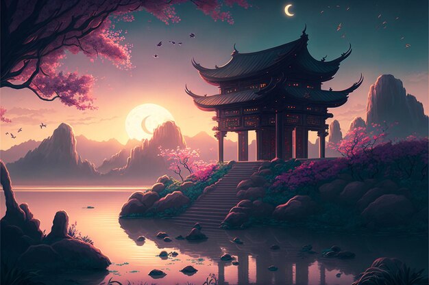 Painting of a pagoda next to a body of water generative ai