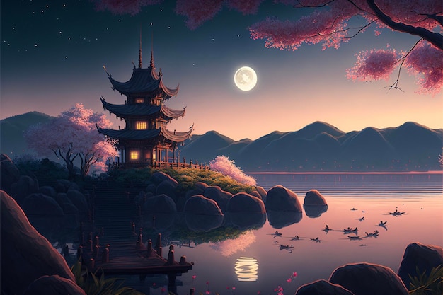 Painting of a pagoda next to a body of water generative ai