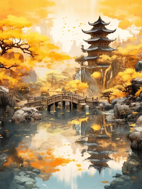 Painting of a pagoda in a japanese garden with a pond and bridge generative ai