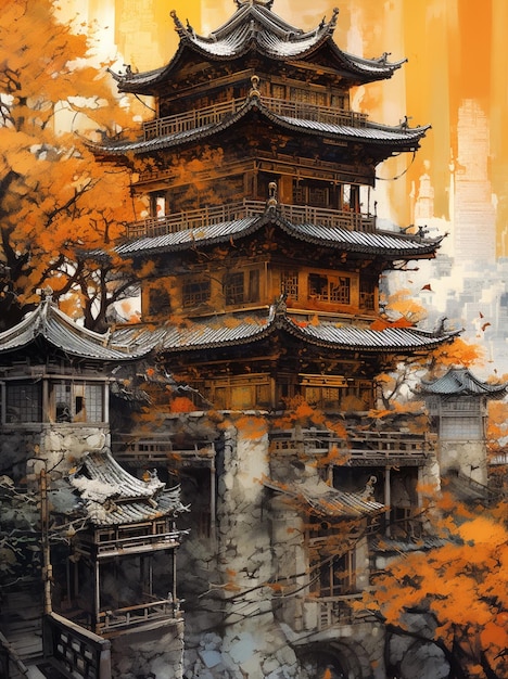 Painting of a pagoda in a japanese style with a tree in the foreground generative ai