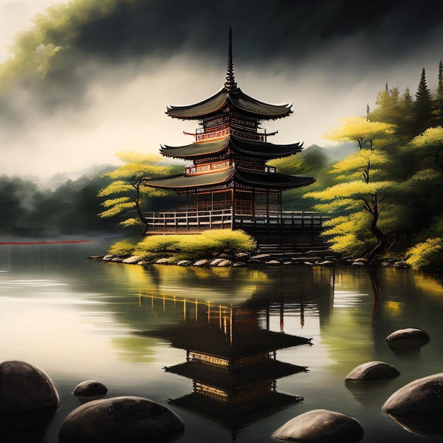 A painting of a pagoda on a lake with a red line in the background.