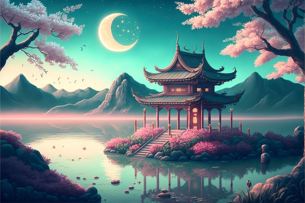 Painting of a pagoda in the middle of a lake generative ai