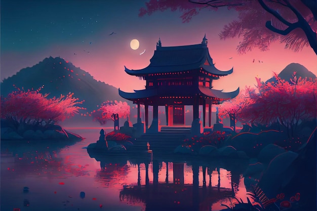 Painting of a pagoda in the middle of a lake generative ai