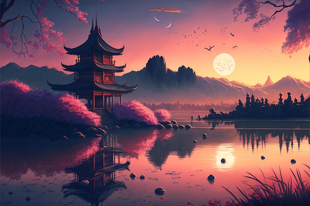 Painting of a pagoda in the middle of a lake generative ai