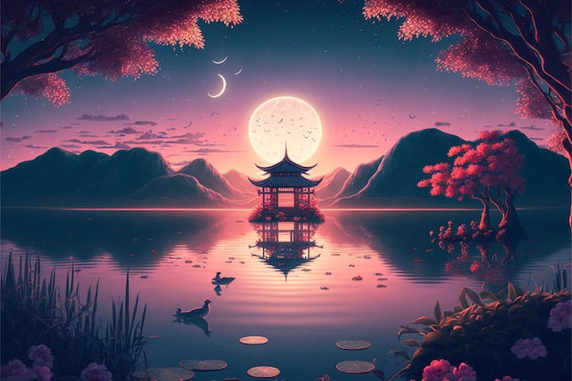 Painting of a pagoda in the middle of a lake generative ai