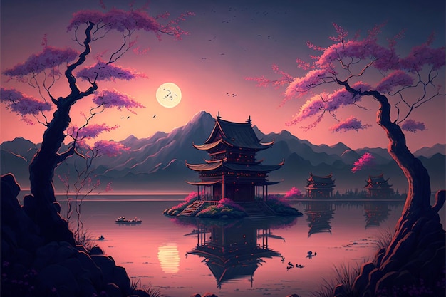 Painting of a pagoda in the middle of a lake generative ai