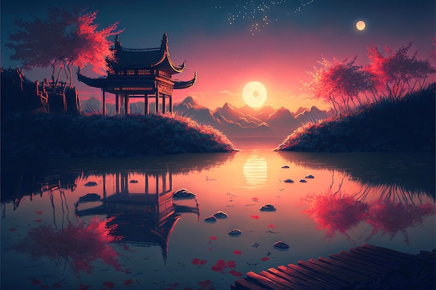 Painting of a pagoda in the middle of a lake generative ai