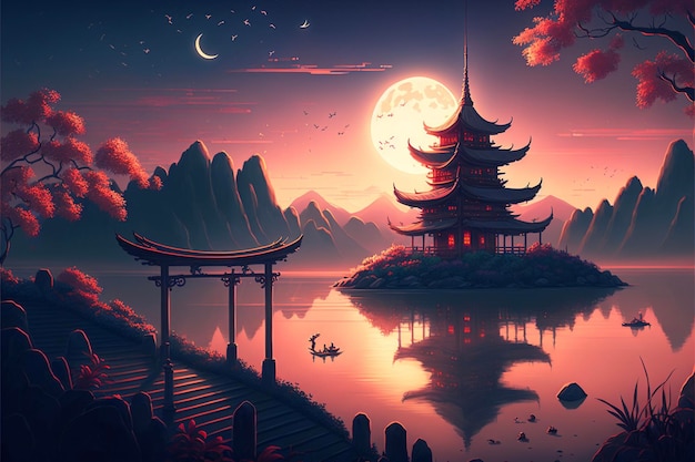 Painting of a pagoda in the middle of a lake generative ai