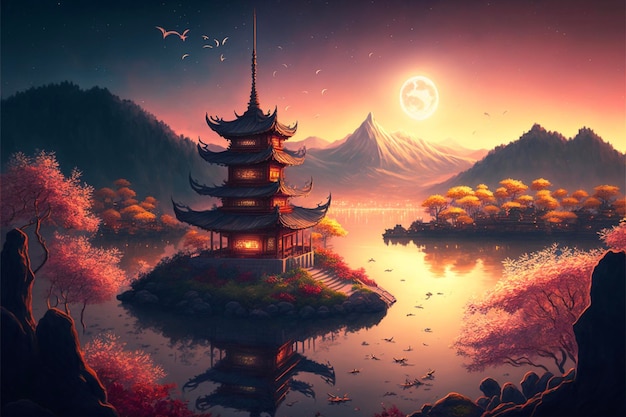 Painting of a pagoda in the middle of a lake generative ai