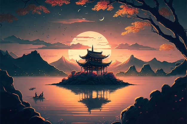 Painting of a pagoda in the middle of a lake generative ai