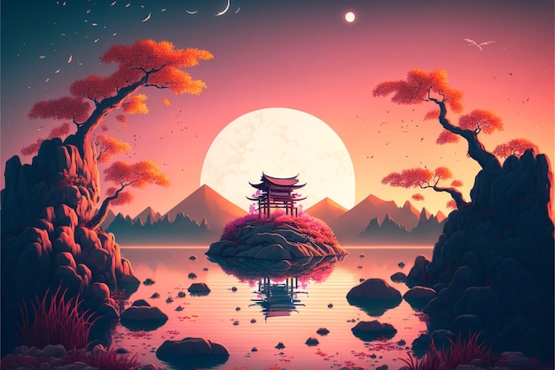 Painting of a pagoda in the middle of a lake generative ai