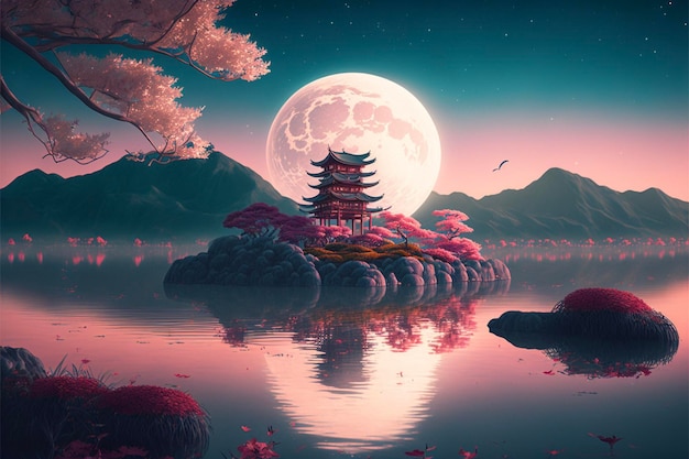 Painting of a pagoda in the middle of a lake generative ai