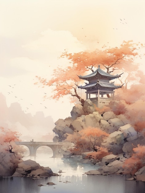 painting of a pagoda in a park with a bridge and trees generative ai