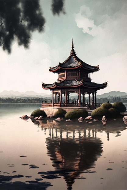 Painting of a pagoda sitting on top of a body of water generative ai