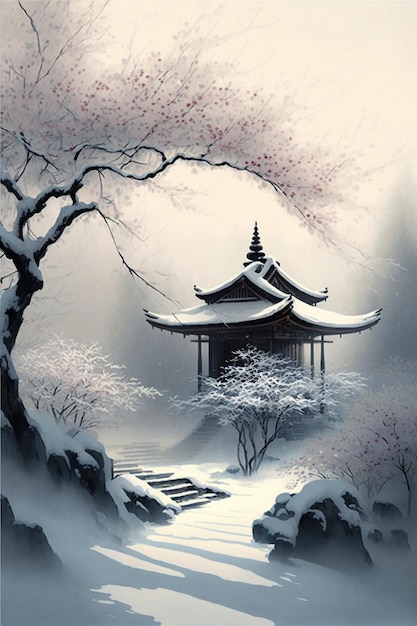 Painting of a pagoda in the snow generative ai