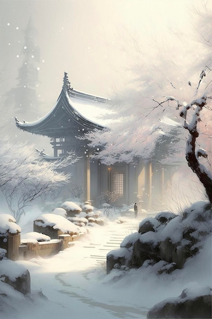 Painting of a pagoda in the snow generative ai