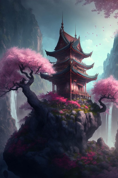 Painting of a pagoda on top of a mountain generative ai