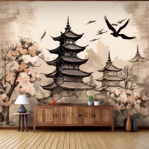 Photo a painting of a pagoda on a wall with a bird flying in the background