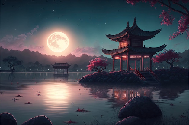 Painting of a pagoda with a full moon in the background generative ai