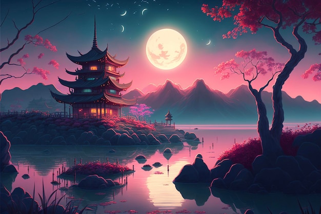 Painting of a pagoda with a full moon in the background generative ai