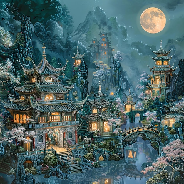 a painting of a pagoda with a full moon in the background