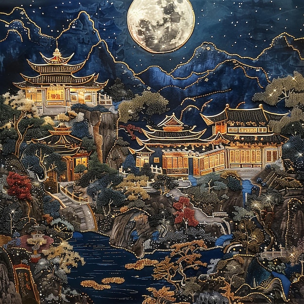 a painting of a pagoda with a full moon in the background