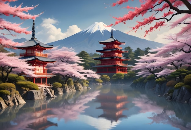 a painting of a pagoda with a mountain in the background