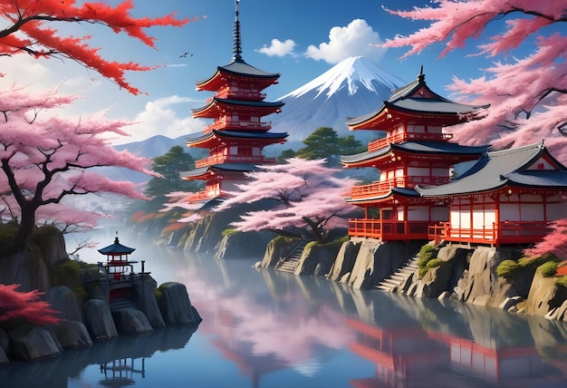 a painting of a pagoda with a mountain in the background