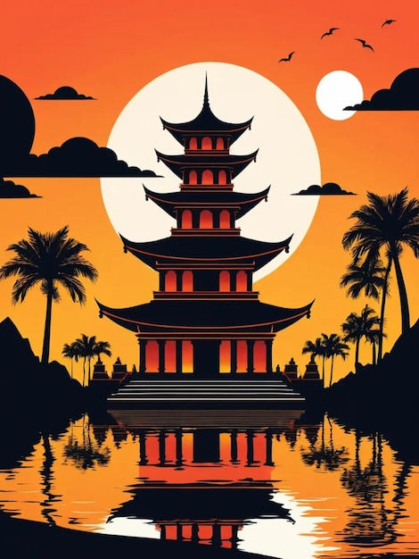 Photo a painting of a pagoda with palm trees and a sunset