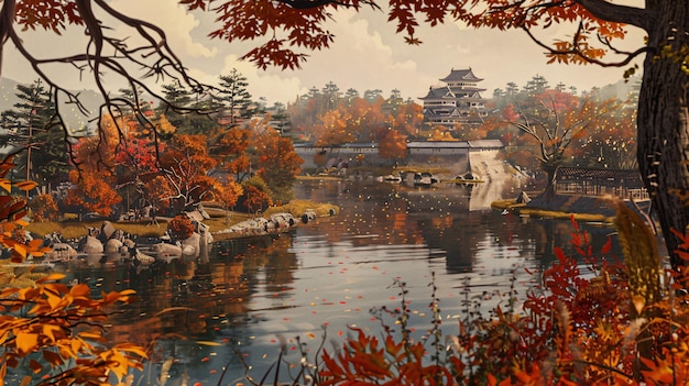 a painting of a pagoda with a tree branch over the water