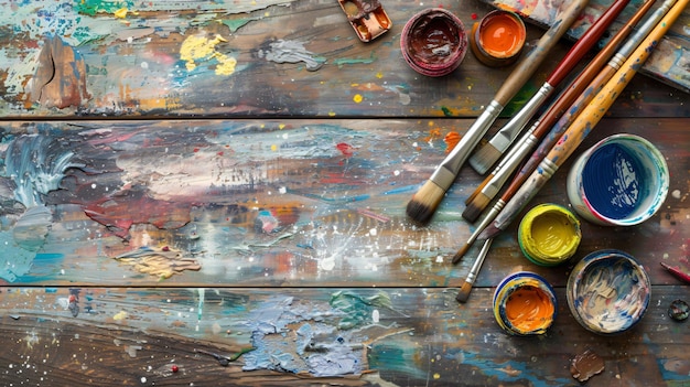 a painting of a paint brush and paint on a table