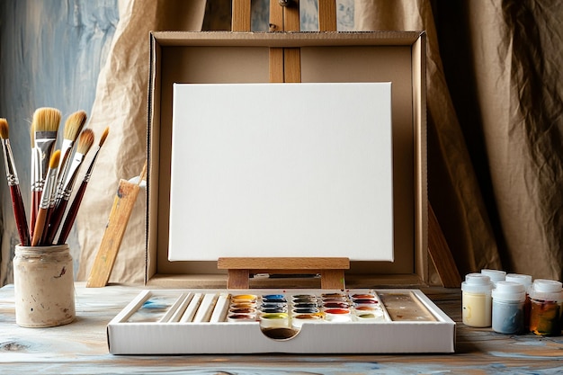 a painting of a paintbrush and paint in a wooden box