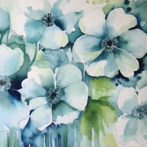 Painting of a painting of blue flowers with green leaves generative ai