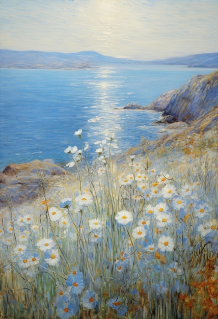 painting of a painting of a field of daisies and a body of water generative ai