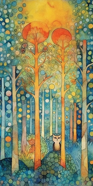 Painting of a painting of a forest with a cat and a bird generative ai