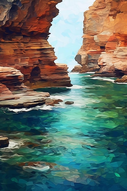 Painting of a painting of a rocky cliff and a body of water generative ai