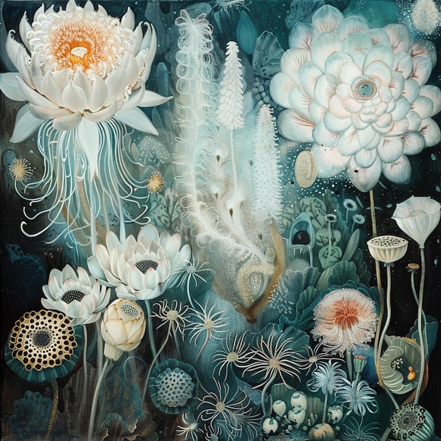 painting of a painting of a sea creature surrounded by flowers and plants generative ai