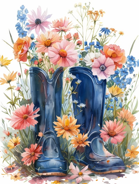 A painting of a pair of boots and flowers