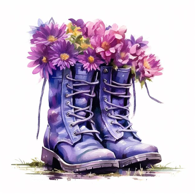 A painting of a pair of purple boots with flowers on the bottom.