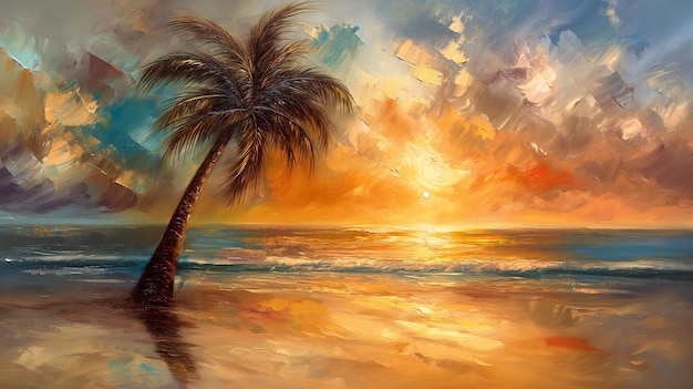 A painting of a palm tree on a beach with a sunset in the background