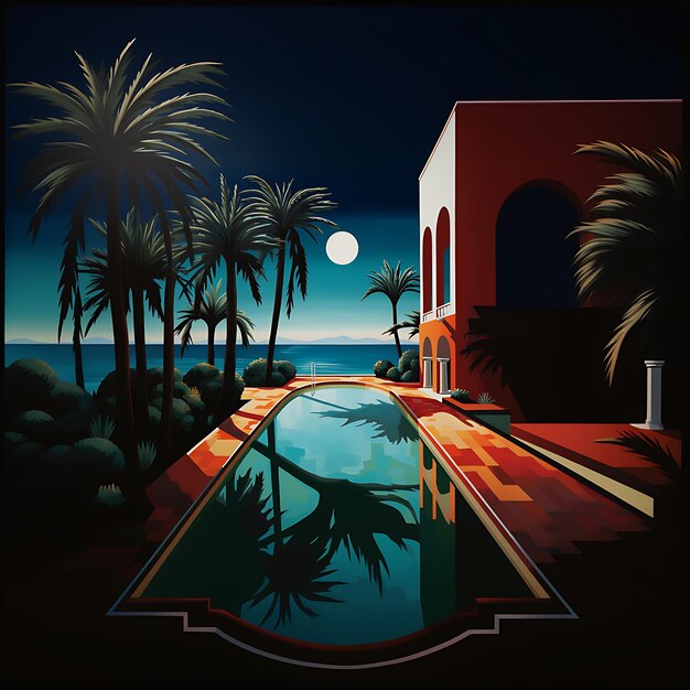 Photo a painting of a palm tree and a building with a pool in the foreground