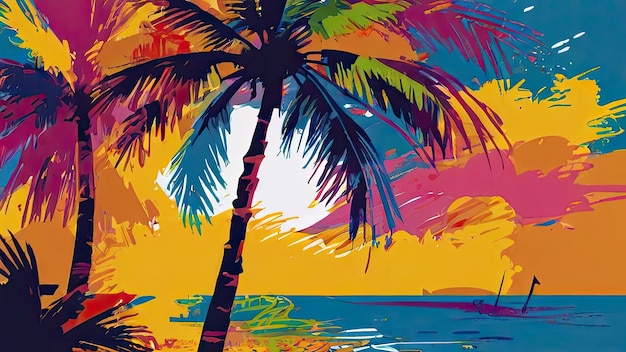 a painting of a palm tree with the sun behind it