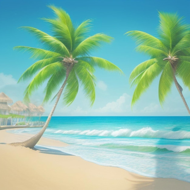 a painting of palm trees on a beach with a beach in the background