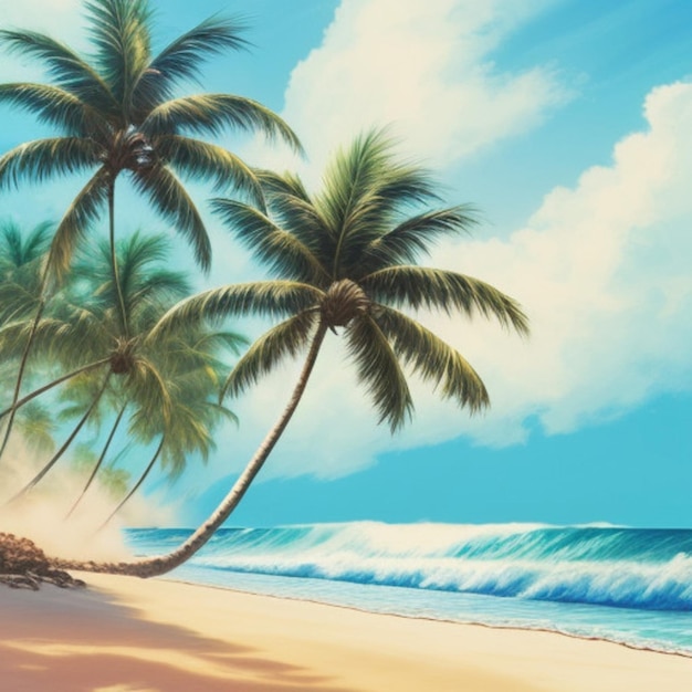 a painting of palm trees on a beach with the ocean in the background