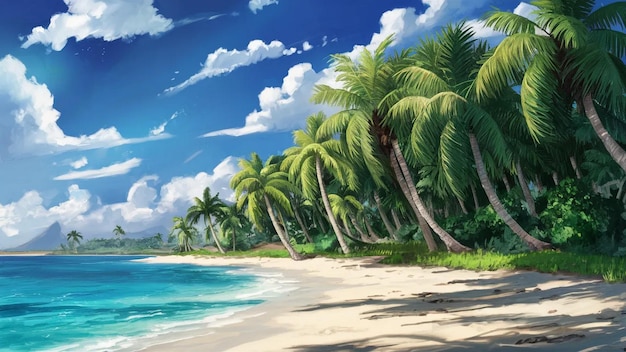 a painting of palm trees on a beach with a painting of a beach scene