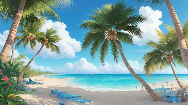 a painting of palm trees on a beach with a painting of a beach scene